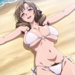 1girl ai_generated armpit_hair armpits beach bikini blush breasts brown_hair excessive_pubic_hair huge_breasts lying lying_on_back mature_female milf navel oosuki_mamako outdoors pubic_hair purple_eyes tsuujou_kougeki_ga_zentai_kougeki_de_ni-kai_kougeki_no_okaasan_wa_suki_desu_ka?