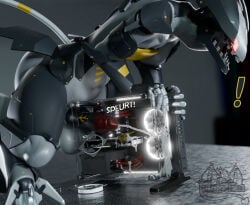 2026 3d_(artwork) animal_genitalia anthro anthrofied balls blade_wolf blender_(artwork) bodily_fluids canid canine comic computer cum cum_inside cum_on_electronics cybernetics cyborg destruction digital_media_(artwork) electronics english_text erection gameplay_mechanics genital_fluids genitals hi_res hiked_leg konami laptop machine male mammal metal_gear metal_gear_rising:_revengeance onomatopoeia platinumgames potatotime raised_leg robot robot_anthro solo sound_effects text