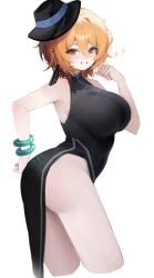 1girl ai_generated ass black_dress black_hat blonde_hair breasts china_dress chinese_clothes cinq_association_(identity)_(project_moon) cinq_association_east_uniform cowboy_shot don_quixote_(limbus_company) dress hat highres large_breasts limbus_company looking_at_viewer orange_eyes project_moon short_hair simple_background smile solo star_(symbol) white_background