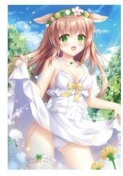 1girl animal_ears breasts brown_hair cameltoe cloud dog_ears dog_girl dress flower flower_crown flower_field frilled_dress frills hair_ornament hair_ribbon highres kohinata_hoshimi long_hair medium_breasts one-piece_dress original panties side-tie_panties skirt_lift sky tree