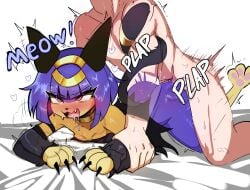 all_fours anthro anthro_penetrated bed_sheet bedding black_clothing black_dress black_nose blue_body blue_hair blush blush_lines bodily_fluids claws clothing doggystyle dress drooling duo eyelashes fangs felid feline female female_on_human female_penetrated from_behind_position hair hi_res human human_on_anthro human_penetrating human_penetrating_anthro interspecies looking_pleasured male male/female male_on_anthro male_penetrating male_penetrating_female mammal multicolored_body neck_ring notgeerux onomatopoeia open_mouth pal_(species) palmorph palworld pawpads paws penetration pocketpair red_eyes saliva sekhmet_(pal) sex short_hair sound_effects sweat tail teeth text two_tone_body yellow_body