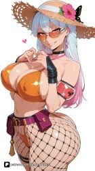1girl ai_generated armband artist_name ashe_(overwatch) ass bangs bare_shoulders belt bikini black_choker blizzard_entertainment blush breasts choker cleavage collarbone covered_nipples earrings fishnets flower gradient_hair grin halterneck hat hat_flower heart heart_hands jewelry large_breasts long_hair looking_at_viewer looking_over_eyewear navel nyl_ashe orange-tinted_eyewear orange_bikini overwatch overwatch_2 pantyhose parted_lips patreon pink_eyes poolside_ashe questionable senpai_pixels sensitive simple_background smile solo straw_hat sun_hat sunglasses swimsuit thick_thighs thigh_strap thighs tinted_eyewear white_background