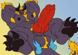 2026 2_horns animal_genitalia animal_penis anthro armpit_hair ball_grab ball_tuft balls behemoth_(final_fantasy) big_balls black_claws black_nipples black_sclera blonde_hair blue_body body_hair canine_genitalia canine_penis claws disembodied_hand erection fangs feet final_fantasy foot_focus genitals ghost_hand gradient_background hair hi_res horn knot male muscular nipples open_mouth pawpads paws penis red_penis simple_background solo square_enix teeth tuft vein veiny_penis xyandrith yellow_eyes