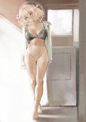 1girl 1girls absurdres big_breasts black_bra blonde_hair blue_eyes bra breasts cleavage double_halo feet female female_pubic_hair full_body hair_between_eyes halo highres kaneko_lumi large_breasts legs navel open_clothes open_shirt phase_connect pubic_hair pupi pupi_(rain_prophet) short_hair smile solo sparkle_hair_ornament tanline tits underwear virtual_youtuber vtuber