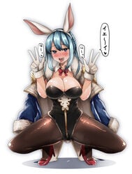 animal_ears black_legwear blue_eyes blue_hair bowtie breasts bunny_ears bunny_girl bunnysuit cleavage coat detached_collar double_w drooling fake_animal_ears female gloves granblue_fantasy heart heart-shaped_pupils high_heels highres jacket_on_shoulders large_breasts pantyhose red_shoes shoes solo squatting symbol-shaped_pupils therese_(granblue_fantasy) tongue tongue_out translated w yunodon0315