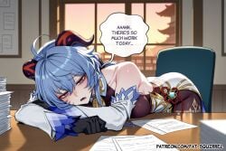 1girl ai_assisted ai_generated arms_on_table english_text fatest_squirrel ganyu_(genshin_impact) genshin_impact half-closed_eyes leaning_forward low_ponytail medium_breasts on_chair open_mouth sad tired