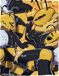 absurd_res antennae_(anatomy) anthro arthropod bee big_breasts blush bodily_fluids breast_play breast_suck breastfeeding breasts digital_media_(artwork) duo english_text fellatio female female_penetrated fur genital_fluids genitals group hi_res hymenopteran insect male male/female male_penetrating male_penetrating_female mammal nipples notsafeforwanking nude oral oral_penetration penetration penile penile_penetration penis penis_in_vagina queen_bee sex simple_background stinger sucking text vaginal vaginal_penetration vulva wings yellow_body