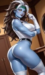 1girl ai_generated anna_marie ass_focus bare_arms belt blue_skin blush brown_hair curly_hair dark_red_lips dark_red_lipstick dressing_room exposed_thighs gloves green_headband head_tilt headband holding_hair impersonation knee_boots leotard looking_at_viewer marvel marvel_comics messy_hair mother multicolored_hair muscular muscular_female mystique no_irises no_nude no_nudity no_pupils raven_darkholme red_lips rogue_(x-men) shapeshifter side_view supervillain tight_clothing toned_body toned_female villainess white_clothing white_gloves white_hair white_leotard x-men yellow_eyes yellow_sclera