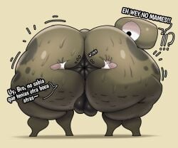 anus balls big_butt black_eyes bongo_(bonguitoweon) butt cellulite crowundeadcat dinosaur feral genitals green_body hi_res huge_butt hyper hyper_butt male prehistoric_species reptile scalie solo spanish_text surprised text thick_thighs