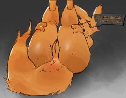 anus bestdogneppy bodily_fluids butt dialogue english_text eyes_closed female fluffy fluffy_tail fur furry genitals holding_both_legs lying on_back open_mouth orange_body orange_fur presenting presenting_hindquarters rain_world simple_background slugcat solo sweat sweaty_butt tail text tongue videocult vulva