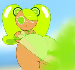 2d 2d_(artwork) ass_focus beach bealmmaker big_ass bikini breasts bubble_ass cookie_run cute fart fart_cloud fart_fetish green_hair lime lime_cookie orange_skin panties transparent_clothing
