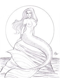 1girls armlet black_and_white cleavage long_hair mermaid mermaid_tail michael_powell mythology sketch tagme