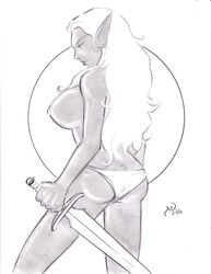 black_and_white breasts drow dungeons_and_dragons elf female female_only michael_powell sketch tagme