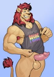 absurd_res anthro armpit_hair balls beard big_wada blue_background blue_eyes body_hair bottomless clothed clothing dusty_(dusty_the_lion) english_text erection eyebrows facial_hair fangs felid genitals gesture hair hand_gesture hi_res lgbt_pride lion male mammal pantherine penis pinup pointing pose pride_colors red_hair shirt simple_background solo tail tail_tuft tank_top teasing teeth text topwear tuft vein veiny_penis yellow_body