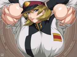 biceps blonde_hair breasts female gundam hair looking_at_viewer muscles muscular muscular_arms muscular_female rentb