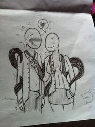 bald blush clothes color female heart male necktie open_clothes rule_63 skirt smile standing tagme the_slender_man