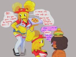 007n7 007n7_(forsaken) 007n7_(roblox) basslapping belly chubby chubby_female cute dialogue elliot_(work_at_a_pizza_place) exposed_belly nervous pigtails pizza_box pizza_delivery roblox rule_63 work_at_a_pizza_place yellow_body