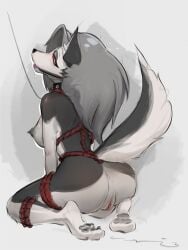 3:4 absurd_res areola ball_gag bdsm black_areola bodily_fluids collar countershade_fur countershading dripping female fur gag genital_fluids genitals hellaverse helluva_boss hi_res leash looking_at_viewer loona_(helluva_boss) nipples pawpads paws rope saliva saliva_drip solo spiked_collar spikes vulva white_body white_fur