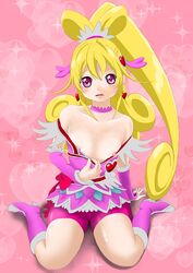 1girls aida_mana arai_nagaya blonde_hair breasts clothing cure_heart doki_doki_precure dokidoki!_precure female flat_chest magical_girl nipples pink_eyes precure pretty_cure shorts solo tagme