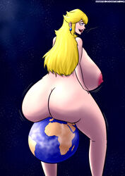 1girls ass ass_bigger_than_planet back_view big_ass big_breasts blonde_hair blue_eyes breasts color earrings earth female female_only from_behind giantess huge_ass huge_breasts human hyper_ass hyper_breasts large_ass large_breasts long_hair looking_pleasured mario_(series) nintendo nipples nude piercing princess_peach sitting sitting_on_planet solo space xanafar