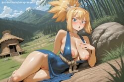 1girl ai_generated blonde_hair blue_eyes blush breasts covered_navel day hi_res high_quality high_resolution kohaku_(dr_stone) large_breasts looking_at_viewer lying nipples on_side patreon ponytail pussy savvyraexo seductive sexy shiny shiny_skin solo tree uncensored watermark