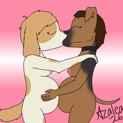 1:1 anthro belly big_belly biped both_pregnant breasts canid canine canis collar collar_only digital_media_(artwork) domestic_dog eyes_closed female female/female female_anthro flamingazalea fur gradient_background hair hi_res huge_belly kissing mammal multiple_pregnancies nipples nude nude_anthro nude_female pregnant pregnant_anthro pregnant_female sapphic simple_background tail