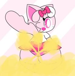 2d 2d_(artwork) bealmmaker big_ass big_tail black_eyes bubble_ass cat cute fart fart_cloud fart_fetish female female_focus female_only looking_at_viewer looking_back oc original_character panties pawpads pink_background pink_bow pink_hair pink_skin sitting skirt white_shirt