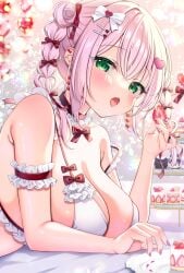 1girl bent_forward bikini bikini_top blush braid braided_hair breasts breasts_on_table cleavage collar frilled_bikini frilled_collar hair_ornament hair_ribbon highres large_breasts long_hair maid maid_bikini miwa_uni original pink_hair solo tied_hair twinbraids