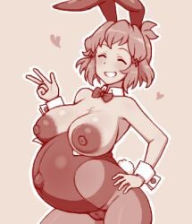 big_breasts bunny_ears bunny_tail bunnysuit closed_eyes dark_nipples fishnets hand_on_hip knightraid000 large_areolae latex nipples outie_navel peace_sign popped_navel pregnant pregnant_belly pregnant_female smiling smiling_at_viewer visible_pussy