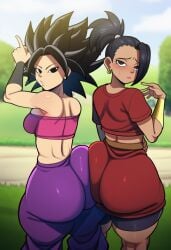 2girls ai ai_generated ass_focus back_view behind_view big_ass big_butt bubble_ass bubble_butt caulifla dragon_ball dragon_ball_super duo female female_focus female_only kale looking_at_viewer novelai thick_thighs