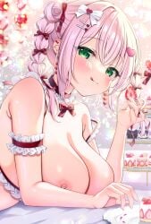 1girl armband bent_forward blush braid braided_hair breasts breasts_on_table breasts_out cleavage collar exposed_breasts frilled_armband frilled_bikini frilled_collar hair_ornament hair_ribbon highres large_breasts long_hair maid maid_bikini miwa_uni nipples original pink_hair solo tied_hair twinbraids