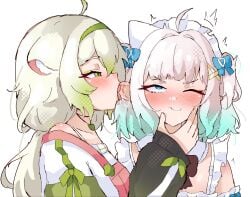 2girls absurdres ahoge animal_ears aroused blue_eyes blush closed_mouth commentary ddrawins deepthroat densetsu.exe drooling ear_fetish ear_licking ear_sucking english_commentary female ferret_ears ferret_girl green_eyes green_hair highres horny laimu lesbian licking licking_ear long_sleeves maid_headdress mint_fantome multiple_girls one_eye_closed open_clothes oral pointy_ears roller_skates rolling_eyes simple_background skates sloppy sloppy_deepthroat sucking_ear tongue tongue_out virtual_youtuber vtuber white_background yuri