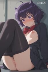 ai-created ai_art ai_assisted ai_generated akaishi artist:eklioai ass big_thighs black_hair breasts breasts_out curvy curvy_female curvy_figure curvy_hips eklioai exposed_breasts exposed_nipples kuroe kuroe_akaishi legs_up purple_eyes school school_uniform short_skirt sitting small_breasts twintails uniform