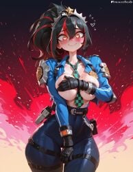 1girl ai_generated black_gloves black_hair blue_pants blush breasts covering_breasts covering_privates embarrassed fresk0n gloves heart heart-shaped_pupils hoyoverse large_breasts long_hair looking_at_viewer mole mole_under_eye multicolored_hair necktie patreon_username police police_uniform policewoman ponytail red_eyes red_hair solo streaked_hair symbol-shaped_pupils uniform wide_hips zenless_zone_zero zhu_yuan