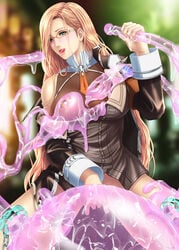 blonde_hair blush breasts clothing female final_fantasy final_fantasy_xiii glasses jihl_nabaat long_hair open_mouth slime_monster tentacle tentacle_grab