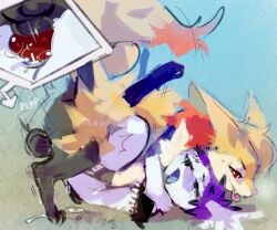 6:5 anal anal_penetration animal_genitalia braixen canine_genitalia fur generation_4_pokemon generation_6_pokemon genitals hair hi_res humping kevin_von_carstein knot knotted_penis legendary_pokemon male male/male nintendo penetration penis pokemon pokemon_(species) purple_hair sex shaymin sky_forme_shaymin vampire white_body white_fur yellow_body yellow_fur zanthu