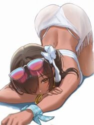1girls ass ass_up back big_ass bikini blush blushing blushing_at_viewer bracelet breasts brown_eyes brown_hair dark-skinned_female dark_skin earrings female female_only goddess_of_victory:_nikke gyaru hair_ornament hi_res hips hoop_earrings long_hair looking_at_viewer median_furrow mostly_clothed naga_(nikke) see-through_clothing see-through_skirt side_ponytail sunglasses swimsuit tagme thick_thighs thighs tight_clothing white_background white_bikini yassaimono