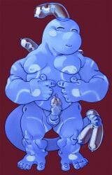 absurd_res anthro belly blue_body condom condoom erection eyes_closed fakemon hi_res male muscular muscular_legs muscular_male nintendo pecs pokemon pokemon_(species) pokemon_clover ravuer sexual_barrier_device short_male shy simple_background slightly_chubby slightly_chubby_male smile solo standing wearing_condom wrinkly_balls