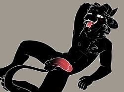 anthro balls black_body black_fur bovid caprine demon digital_media_(artwork) fur genitals goat half-erect hand_behind_head hi_res horn humanoid_genitalia humanoid_penis i_think_i_like_you looking_at_viewer male mammal nude ozzi_(i_think_i_like_you) penis smile solo spread_legs spreading tail thunderlewd tongue tongue_out