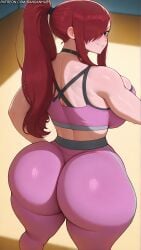 1girl ai_generated ass ass_focus back bare_shoulders blush breasts curvy dandanhub erza_scarlet exercise fairy_tail from_behind hair_over_one_eye huge_ass huge_breasts large_breasts long_hair looking_at_viewer looking_back pants pink_sports_bra ponytail red_hair smile solo sports_bra squatting sweat thick_thighs thighs yoga_pants
