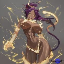 1girls abs ai_generated bleach cat_ears cat_tail catgirl curvy dark dark-skinned_female dark_skin electricity fangs female female_only muscular narrow_waist ponytail priestofart purple_hair shihouin_yoruichi shiny simple_background smile solo solo_female standing thick_thighs watermark wide_hips