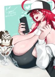 breast_rest breasts_bigger_than_head chankhyan75 happy happy_female huge_breasts ice_cream massive_breasts megumi_(chankhyan75) overflowing_breasts red_eyes red_hair resting_breasts smile stars_in_eyes sweat sweaty_breasts