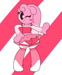 2d 2d_(artwork) bealmmaker big_ass black_eyes breasts bubble_ass cute female female_focus female_only oc original_character panties pink_background pink_skin red_dress skirt wink winking_at_viewer