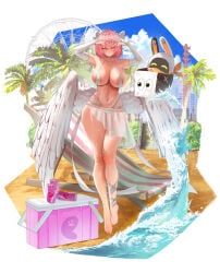 1girl absurdres areola_slip bangboo_(zenless_zone_zero) bao_(pixiv_99415611) barefoot beach bikini blue_sky breasts bridal_gauntlets can commentary cooler drink_can english_commentary eous_(zenless_zone_zero) feet four-finger_heart_hands heart heart_hands highres large_breasts medium_hair navel pink_eyes pink_hair remielle_dan sarong sky smile solo stomach swimsuit thighs toes tree white_bikini white_sarong zenless_zone_zero