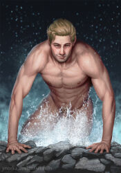 1boy blonde blonde_male cullen_rutherford dragon_age dragon_age_inquisition hot_male leaving leaving_pool male male_body male_focus male_only muscular muscular_male muscular_male_only no_visible_genitalia pinup pinup_pose sexy_male sexy_pose shirtless shirtless_male solo solo_focus solo_male torso_focus water water_splash wet wet_body ynorka