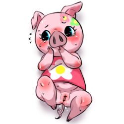 animal_crossing anthro blue_eyes blush body_blush bottomless censored cute embarrassed eyelashes female female_only gala_(animal_crossing) hairless_pussy hooves lying mokokichi nintendo on_back pig pink_skin pussy slightly_chubby solo sweat tail tears white_background