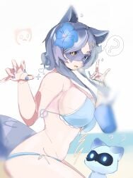 1girl 1girls 3am ? ?? animal_ears big_breasts bikini blue_bikini blue_eyes blue_flower blue_hair blue_nails blue_tail breasts cleavage commentary cup english_commentary eye_mask female flower hair_flower hair_ornament heterochromia highres huge_breasts large_breasts mask open_mouth raccoon_ears raccoon_girl raccoon_tail sideboob sidelocks sitting snuffy solo star_(symbol) star_hair_ornament swimsuit tail thighs tits virtual_youtuber vtuber white_background yellow_eyes