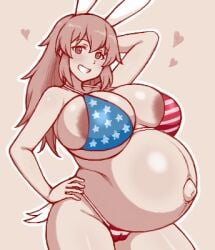 american_flag_bikini big_breasts bunny_ears flag_bikini flag_print hearts knightraid000 looking_at_viewer navel outie_navel popped_navel posing pregnant pregnant_belly pregnant_female smile tail thick_thighs