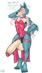 2023 5_toes anthro armpit_hair balls beastars big_balls big_penis black_nose blue_body blue_fur blush bobthetanuki body_hair canid canine canis claws clothing dialogue dress embarrassed english_text exposed feet femboy fur furry_tail genitals glans glitter hand_on_face hi_res huge_penis hyper hyper_genitalia hyper_penis legoshi_(beastars) light_body light_skin looking_at_viewer makeup male mammal nipple_outline penis penis_poking_out pink_clothing pink_dress pubes slim_anthro slim_male small_waist snout solo tail talking_to_viewer text toes wolf