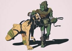 2boys artist_request artist_unknown ballgag blackwall bound cum cumming dragon_age dragon_age_inquisition gay goblin male male_focus male_only